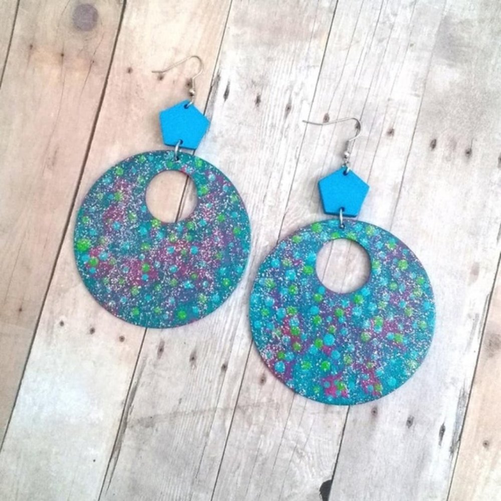Beautiful Danielle Turquoise Glitter Dot Wood Earrings